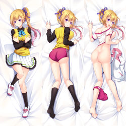 Rule 34 | 10s, 1girl, ass, barefoot, bed sheet, black shirt, black socks, blonde hair, blue bow, blue bowtie, blue ribbon, bow, bowtie, grabbing another&#039;s breast, breasts, buruma, buruma around leg, closed mouth, clothes lift, dakimakura (medium), feet, from above, full body, grabbing, gym shirt, gym uniform, hair ribbon, highres, kawakami mai, kneehighs, kotetu han, large breasts, long hair, long sleeves, looking at viewer, looking back, looking to the side, lying, mole, mole on thigh, mole under eye, multiple views, musaigen no phantom world, nipples, on back, on stomach, open mouth, pleated, pleated skirt, purple eyes, red buruma, ribbon, sheet grab, shirt, shirt lift, shoes, short sleeves, side ponytail, skirt, smile, sneakers, socks, soles, solo focus, tank top, teeth, uniform, upper teeth only, white footwear, white shirt, white skirt, yellow shirt, yellow tank top