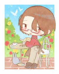 Rule 34 | 1girl, androgynous, apron, black apron, black footwear, border, brown hair, chair, chibi, chibi only, cup, grey pants, omoi (omochan), open mouth, original, outdoors, pants, red eyes, red sweater, ribbed sweater, short hair, solo, sweater, table, teacup, teapot, white border