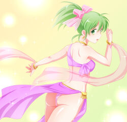 Rule 34 | 1girl, ass, back, bare shoulders, bow, bra, bracelet, breasts, choker, dancer, earrings, fire emblem, fire emblem: genealogy of the holy war, green eyes, green hair, hair bow, ham pon, harem outfit, highres, jewelry, lene (fire emblem), loincloth, long hair, looking at viewer, looking back, medium breasts, midriff, nintendo, open mouth, panties, pelvic curtain, pink panties, ponytail, see-through, smile, solo, underwear
