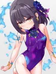 Rule 34 | 1girl, bare shoulders, black hair, blue fire, blush, body markings, bracelet, breasts, brown eyes, cosplay, fate/grand order, fate/kaleid liner prisma illya, fate (series), fire, flower, hair flower, hair ornament, hair ribbon, highleg, highleg swimsuit, highres, jewelry, kama (fate), kama (swimsuit avenger) (fate), kama (swimsuit avenger) (fate) (cosplay), large breasts, looking at viewer, medium hair, miyu edelfelt, mochi (k620803n), one-piece swimsuit, ribbon, small breasts, solo, swimsuit, thighs