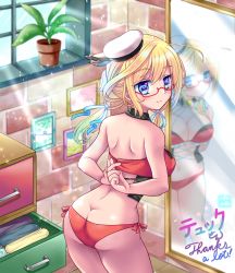 Rule 34 | 1girl, ass, blonde hair, blue eyes, bra, breasts, butt crack, glasses, hat, highres, i-8 (kancolle), indoors, izumi shara, kantai collection, large breasts, low twintails, mirror, panties, red-framed eyewear, red bra, red panties, reflection, sailor hat, semi-rimless eyewear, solo, twintails, under-rim eyewear, underwear, underwear only, white hat