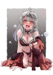 Rule 34 | 1girl, absurdres, bra, breasts, cleavage, curry bowl, grey hair, highres, hololive, hypnosis, lingerie, long hair, medium breasts, mind control, open clothes, open mouth, panties, red eyes, sakamata chloe, smile, solo, underwear, underwear only, virtual youtuber