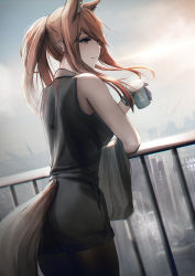 Rule 34 | 1girl, animal ears, arknights, brown hair, city, cityscape, coffee, cup, disposable coffee cup, disposable cup, fox ears, fox tail, franka (arknights), gloves, highres, krirk, light smile, long hair, ponytail, shirt, smile, solo, tail