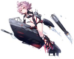 Rule 34 | 1girl, azur lane, black footwear, blush, boots, breasts, brown eyes, full body, kaede (yumesaki kaede), looking at viewer, navel, official art, parted lips, pink hair, short hair, small breasts, solo, thigh boots, thighhighs, torpedo, transparent background, u-557 (azur lane)