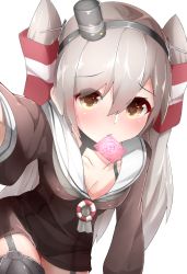 Rule 34 | 10s, 1girl, amatsukaze (kancolle), bad id, bad pixiv id, black panties, boruhis, breasts, brown eyes, cleavage, collar, collarbone, condom, condom in mouth, dress shirt, garter straps, grey hair, hair ornament, heart, heart-shaped pupils, kantai collection, long hair, looking at viewer, mouth hold, panties, see-through, shirt, simple background, small breasts, smallbug, solo, symbol-shaped pupils, underwear, white background