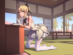 Rule 34 | 1girl, ahoge, artoria pendragon (all), artoria pendragon (fate), bare shoulders, black bow, black bowtie, blonde hair, blush, bow, bowtie, breasts, caught, chocolate, cup, day, detached collar, dress, fate/stay night, fate/unlimited codes, fate (series), from side, full body, gloves, green eyes, hair bow, highres, himitsu (hi mi tsu 2), indoors, kneeling, looking at viewer, looking to the side, medium breasts, pantyhose, parted lips, ponytail, saber (fate), saber lily, sliding doors, solo, sunlight, table, tatami, teapot, white day, white dress, white gloves, white pantyhose, yunomi