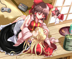 Rule 34 | 1boy, 4girls, apron, armpits, blonde hair, blush, bow, braid, breasts, brown hair, cirno, closed mouth, collarbone, controller, cookie (touhou), cup, detached sleeves, enperuto (yarumi), food, frilled apron, frills, game console, game controller, green tea, hair between eyes, hair bow, hair tubes, hakurei reimu, hand on another&#039;s arm, hand on another&#039;s head, kirisame marisa, long hair, long sleeves, looking at another, lying, lying on lap, medium breasts, multiple girls, no shoes, on side, open mouth, parted lips, profile, purple bow, red bow, red eyes, reu (cookie), sakazuki, shadow, shouji, side braid, sidelocks, single braid, sitting, sleeping, sleeping on person, sleeves past wrists, sliding doors, smile, socks, super famicom, tea, touhou, tray, triangle mouth, uzuki (cookie), waist apron, when you see it, white apron, white legwear, wide sleeves, wooden floor, yokozuwari, yunomi, yuri