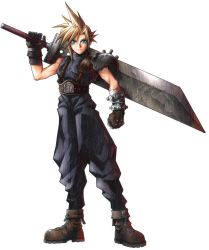 Rule 34 | 1990s (style), 1boy, armor, asymmetrical clothes, asymmetrical hair, baggy pants, bare shoulders, belt, big hair, blonde hair, blue eyes, boots, buster sword, cloud strife, colored pencil (medium), final fantasy, final fantasy vii, full body, gloves, highres, huge weapon, leaning to the side, looking at viewer, male focus, muscular, nomura tetsuya, official art, over shoulder, pants, pauldrons, retro artstyle, ribbed sweater, shoulder armor, sleeveless, sleeveless turtleneck, soldier, solo, spiked hair, suspenders, sweater, sword, sword over shoulder, toned, traditional media, turtleneck, weapon, weapon over shoulder, white background, zipper