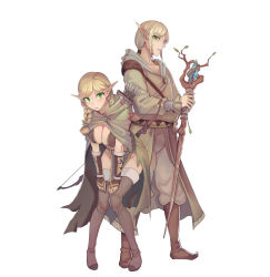 Rule 34 | 1boy, 1girl, blonde hair, bow (weapon), braid, breasts, elf, full body, green eyes, grey thighhighs, hood, land of caromag, large breasts, leaning forward, long hair, original, pointy ears, simple background, single braid, staff, thighhighs, walzrj, weapon, white background