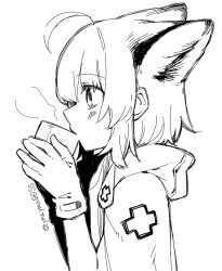 Rule 34 | 1girl, ahoge, animal ears, arknights, commentary, cup, drinking, extra ears, fox ears, from side, gloves, greyscale, highres, holding, holding cup, hood, hood down, hooded jacket, jacket, monochrome, mug, profile, short hair, simple background, sketch, solo, sussurro (arknights), upper body, white background, yom (ymayma00ss)
