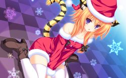 Rule 34 | 1girl, :o, animal ears, ankle boots, bare shoulders, blonde hair, boots, bow, checkered floor, female focus, floor, hair bow, hair ornament, hat, high heel boots, high heels, highres, long hair, looking at viewer, low-tied long hair, mikagami mamizu, momono mao, neko koi!, purple eyes, santa hat, sitting, snowflakes, solo, tail, tenmaso, thighhighs, tiger ears, tiger tail, v arms, wallpaper, wariza, white thighhighs, zettai ryouiki