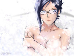 Rule 34 | 00s, 1girl, averting eyes, bath, bleach, blue eyes, blue hair, breast hold, breasts, bubble, bubble bath, cleavage, covering breasts, covering privates, fingernails, glasses, ise nanao, jon kneeland, large breasts, lipstick, long fingernails, makeup, matching hair/eyes, nail polish, pink nails, short hair, signature, sitting, soap, solo, submerged, wet
