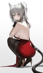 Rule 34 | 1girl, 2sham, absurdres, animal ears, black pantyhose, blush, breasts, dress, grey hair, highres, image sample, jewelry, large breasts, looking at viewer, off shoulder, original, pantyhose, ponytail, red dress, ring, solo, squatting, tail, twitter sample, white background