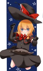 Rule 34 | 1girl, apron, black capelet, black gloves, black hat, black skirt, black vest, blonde hair, blue eyes, blush, bow, bowtie, braid, bright pupils, brown apron, buttons, capelet, closed mouth, commentary request, cookie (touhou), dare who zzzz, elbow gloves, frilled apron, frilled bow, frills, full body, gloves, hair bow, hat, hat bow, highres, jumping, kirisame marisa, looking at viewer, medium hair, meguru (cookie), red bow, red bowtie, side braid, single braid, skirt, smile, solo, star (symbol), touhou, vest, waist apron, white pupils, witch hat