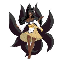 Rule 34 | 1girl, absurdres, alternate color, animal ear fluff, animal ears, bare legs, bare shoulders, black hair, breasts, brown eyes, cleavage, dark-skinned female, dark skin, female focus, fox ears, fox tail, full body, geta, grin, highres, hyphen, kitsune, large breasts, legs, long hair, looking at viewer, mon-musu quest!, monster girl, multiple tails, obi, aged up, sash, smile, solo, spoilers, tabi, tail, tamamo (mon-musu quest!), tattoo, thundragon, transparent background, white background