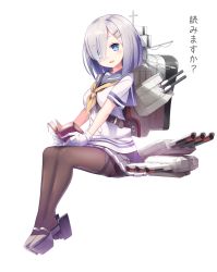 Rule 34 | 10s, 1girl, blue eyes, blvefo9, book, hair ornament, hair over one eye, hairclip, hamakaze (kancolle), highres, kantai collection, md5 mismatch, pantyhose, school uniform, serafuku, short hair, silver hair, simple background, solo, translated, white background