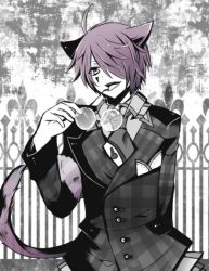 Rule 34 | 1boy, alice in wonderland, animal ears, boris airay, cat boy, cat ears, cat tail, cheshire cat (alice in wonderland), chesiar cat, coat, cosplay, gate, glasses, heart no kuni no alice, licking, male focus, necktie, peter white, peter white (cosplay), purple hair, smile, solo, tail, tongue