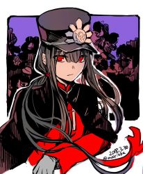 Rule 34 | 1boy, androgynous, black hair, cape, commentary request, dated, fate (series), gloves, hair between eyes, hat, highres, jacket, koha-ace, long hair, long sleeves, looking at viewer, low twintails, male focus, oda nobukatsu (fate), oda nobunaga (fate), oda nobunaga (koha-ace), peaked cap, red eyes, red jacket, rioka (southern blue sky), solo, twintails, twitter username, upper body