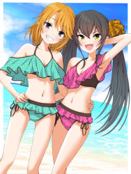Rule 34 | 2girls, :d, arm behind head, armpits, bare legs, beach, bikini, blonde hair, blue bikini, blue nails, blue sky, border, breasts, brown eyes, brown hair, cleavage, collarbone, day, grin, hand on another&#039;s hip, hand on own hip, haua, highres, idolmaster, idolmaster cinderella girls, long hair, looking at viewer, matoba risa, multiple girls, nail polish, navel, ocean, open mouth, outdoors, outside border, pink bikini, polka dot, polka dot bikini, print bikini, side-tie bikini bottom, sky, small breasts, smile, standing, swimsuit, twintails, very long hair, white border, yellow eyes, yuuki haru