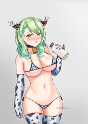 Rule 34 | 1girl, absurdres, animal ears, animal print, antlers, azurecruiser, bell, bikini, black collar, blush, bottle, branch, breasts, ceres fauna, collar, cow ears, cow print, cow print bikini, cowbell, elbow gloves, gloves, gluteal fold, green hair, grey background, highres, holding, holding bottle, hololive, hololive english, horns, large breasts, leaf, micro bikini, milk bottle, mole, mole under eye, navel, neck bell, open mouth, print bikini, print gloves, print thighhighs, simple background, skindentation, solo, stomach, swimsuit, thighhighs, virtual youtuber, yellow eyes