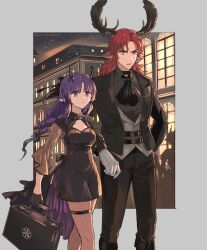 Rule 34 | 1boy, 1girl, alternate costume, animal ears, antlers, arknights, ascot, bag, belt, black ascot, black belt, black bow, black dress, black footwear, black gloves, black jacket, black suit, boots, border, bow, braid, briefcase, brown pantyhose, building, cleavage cutout, closed mouth, clothing cutout, collar chain (jewelry), collared shirt, czerny (arknights), deer antlers, deer boy, deer ears, dress, formal, gloves, green eyes, grey border, grey shirt, grey vest, hair bow, half gloves, hand on another&#039;s arm, hibiscus (arknights), hibiscus the purifier (arknights), high-low skirt, highres, holding, holding bag, holding briefcase, horn ornament, horns, infection monitor (arknights), jacket, knee boots, lace pantyhose, lapels, locked arms, long hair, long sleeves, low-braided long hair, low-tied long hair, mole, mole under mouth, night, noshima, notched lapels, outside border, pantyhose, parted bangs, parted lips, pointy ears, purple eyes, purple hair, red hair, serious, shirt, suit, thigh strap, v-shaped eyebrows, vest, walking, white gloves