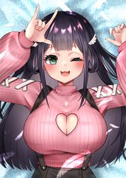 Rule 34 | 1girl, absurdres, amano nene (vtuber), breasts, cleavage, cleavage cutout, clothing cutout, hair ornament, highres, onigirisss, pink sweater, production kawaii, sweater, virtual youtuber, wing hair ornament