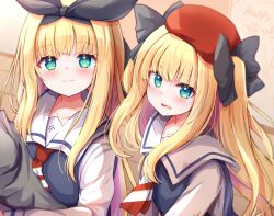 Rule 34 | 2girls, baram, beret, black bow, black ribbon, blonde hair, bow, closed mouth, commentary request, diagonal stripes, dual persona, green eyes, hair bow, hair ribbon, hat, indoors, long hair, long sleeves, looking at viewer, mononobe alice, mononobe alice (3rd costume), multiple girls, nijisanji, parted lips, puffy long sleeves, puffy sleeves, red headwear, ribbon, school uniform, shirt, smile, star-shaped pupils, star (symbol), striped, sweater vest, symbol-shaped pupils, two side up, upper body, v-shaped eyebrows, very long hair, virtual youtuber, white shirt, wooden floor