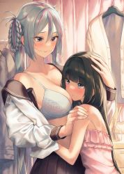 Rule 34 | 2girls, absurdres, bad id, bad pixiv id, banana oekaki, bare shoulders, black hair, black skirt, blouse, blue eyes, blunt bangs, blush, bra, braid, braided hair rings, breasts, character request, cleavage, closed mouth, clothes hanger, collarbone, dress, eye contact, frilled dress, frills, glasgow smile, grey bra, grey hair, hair between eyes, hair rings, hand on another&#039;s shoulder, head on chest, highres, hug, indoors, large breasts, long hair, long sleeves, looking at another, looking up, multicolored hair, multiple girls, off shoulder, open clothes, open shirt, pink dress, pink hair, pleated skirt, scar, scar on face, school uniform, serafuku, shirt, skirt, sleeveless, sleeveless dress, smile, strap slip, streaked hair, twintails, two-tone hair, underwear, urasekai picnic, urumi luna, very long hair, white shirt