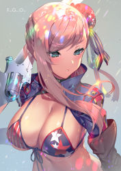 Rule 34 | 1girl, american flag bikini, arm at side, asymmetrical hair, bikini, black one-piece swimsuit, blue eyes, breasts, bun cover, cleavage, commentary, commentary request, copyright name, criss-cross halter, english commentary, fate/grand order, fate (series), flag print, front-tie top, gunblade, hair bun, hair ornament, halterneck, large breasts, leaf print, lips, maple leaf print, miyamoto musashi (fate), miyamoto musashi (fate/grand order), miyamoto musashi (swimsuit berserker) (fate), miyamoto musashi (swimsuit berserker) (second ascension) (fate), multicolored clothes, multicolored swimsuit, one-piece swimsuit, parted lips, pink hair, pink lips, ponytail, print swimsuit, shrug (clothing), side bun, single hair bun, single side bun, single sidelock, swept bangs, swimsuit, two-tone swimsuit, underboob, upper body, weapon, yoshimoto (dear life)