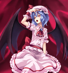Rule 34 | 1girl, asu hare, bad id, bad pixiv id, bat wings, blood, female focus, hand over face, hat, highres, nail polish, open mouth, purple hair, red eyes, remilia scarlet, short hair, skirt, skirt set, slit pupils, solo, touhou, wings, wrist cuffs