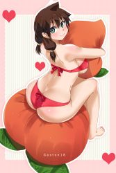 Rule 34 | 1girl, absurdres, amano megumi, amano megumi wa suki darake!, artist name, ass, back, bandeau, barefoot, blush, bow, bow panties, bra, breasts, bright pupils, brown hair, butt crack, carrot-shaped pillow, colorized, dimples of venus, food, from behind, fruit, full body, gaston18, green eyes, heart, highres, large breasts, lingerie, long hair, looking at viewer, looking back, low twintails, hugging object, outline, panties, peach, red bra, red panties, sideboob, skindentation, smile, solo, strapless, strapless bra, thighs, twintails, underwear