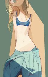 Rule 34 | 1girl, amiami, blonde hair, blue bra, blue eyes, bra, breasts, female focus, midriff, navel, photo-referenced, small breasts, solo, underwear