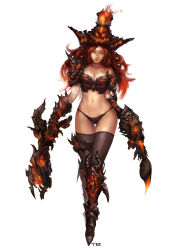 Rule 34 | 1girl, alternate costume, black panties, black thighhighs, boots, breasts, cleavage, contrapposto, crossed legs, dual wielding, fire, full body, gauntlets, gun, handgun, hat, highres, hip focus, holding, league of legends, light smile, long hair, looking at viewer, miss fortune (league of legends), navel, panties, pistol, red eyes, red hair, simple background, solo, standing, te (tenmoom), thigh gap, thighhighs, thighs, underwear, weapon, white background, wide hips