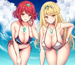 Rule 34 | 2girls, bikini, black bikini, blonde hair, blush, breasts, choker, cleavage, cloud, collarbone, day, dual persona, earrings, feet out of frame, female focus, gluteal fold, hand on own ass, hand on own hip, hand on own knee, hanging breasts, highres, huge breasts, jewelry, large breasts, leaning forward, long hair, looking at viewer, matching hair/eyes, multiple girls, mythra (xenoblade), nintendo, noeomi, open mouth, pyra (xenoblade), red eyes, red hair, short hair, side-tie bikini bottom, skindentation, sky, smile, swimsuit, thighs, tiara, wet, white bikini, xenoblade chronicles (series), xenoblade chronicles 2, yellow eyes