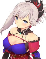 Rule 34 | 1girl, bad id, bad twitter id, blue eyes, breasts, cleavage, earrings, fate/grand order, fate (series), folded ponytail, ito (silk9f), japanese clothes, jewelry, magatama, miyamoto musashi (fate), miyamoto musashi (second ascension) (fate), obi, sash, smile, solo, upper body