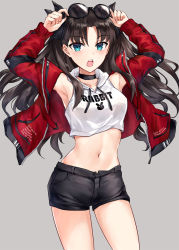 Rule 34 | 1girl, animal print, armpits, arms up, asle, bare shoulders, black-framed eyewear, black choker, black hair, black shorts, blue eyes, blush, breasts, choker, clothes writing, collarbone, commentary request, crop top, drawstring, english text, eyewear on head, fate/stay night, fate (series), grey background, hood, hood down, hoodie, jacket, long hair, long sleeves, looking at viewer, midriff, navel, open clothes, open jacket, open mouth, parted bangs, rabbit print, red jacket, short shorts, shorts, simple background, sleeveless, sleeveless hoodie, sleeves past wrists, small breasts, solo, sunglasses, sunglasses on head, teeth, tohsaka rin, two side up, upper teeth only, very long hair, white hoodie