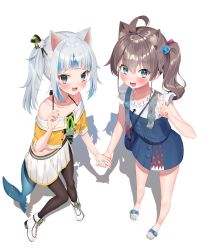 Rule 34 | 2girls, :d, ahoge, animal ear fluff, animal ears, bare shoulders, black camisole, blue eyes, blue hair, blue nails, blue skirt, blue vest, blush, boots, brown footwear, brown hair, brown legwear, camisole, cat ears, cat hair ornament, collarbone, cosplay, costume switch, cube hair ornament, fins, fish tail, gawr gura, gawr gura (casual), gawr gura (cosplay), green eyes, hair between eyes, hair ornament, hand up, high heel boots, high heels, highres, holding hands, hololive, hololive english, jacket, k mugura, multicolored hair, multiple girls, nail polish, natsuiro matsuri, natsuiro matsuri (1st costume), natsuiro matsuri (cosplay), off-shoulder jacket, off shoulder, official alternate costume, open mouth, pantyhose, pleated skirt, sandals, shadow, shark tail, sharp teeth, shirt, short sleeves, side ponytail, silver hair, skirt, skirt set, sleeveless, sleeveless shirt, smile, streaked hair, tail, teeth, toenail polish, toenails, v, vest, virtual youtuber, white background, white footwear, white shirt, white skirt, yellow jacket