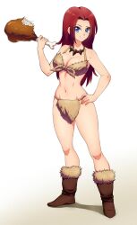 Rule 34 | 1girl, bikini, blue eyes, boots, breasts, brown footwear, cavewoman, chicken (food), cleavage, food, fur-trimmed boots, fur trim, hand on own hip, highres, holding, jewelry, large breasts, legs, long hair, looking at viewer, midriff, navel, necklace, red hair, smile, swimsuit, thighs, tribal, underwear, white background, zeshgolden