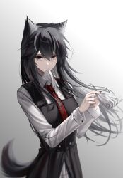 Rule 34 | 1girl, absurdres, alternate costume, animal ears, arknights, black dress, black hair, black nails, blouse, brown eyes, collared shirt, dress, ear piercing, female focus, glove in mouth, gloves, gradient background, grey background, hair between eyes, hands up, highres, long hair, looking at viewer, mouth hold, nail polish, necktie, piercing, red necktie, shirt, shokuyou koori, simple background, single glove, solo, square neckline, tail, texas (arknights), upper body, white gloves, white shirt, wolf ears, wolf girl, wolf tail