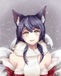 Rule 34 | 1girl, absurdres, ahri (league of legends), animal ears, bare shoulders, black hair, breasts, fox ears, fox tail, highres, huksly, korean clothes, large breasts, league of legends, multiple tails, open mouth, scarf, slit pupils, snow, solo, tail, winter, yellow eyes