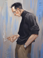 Rule 34 | 1boy, black hair, cheetahman (1ddghfr78cswc), cigarette, disco elysium, from side, glasses, hair slicked back, hand in pocket, highres, holding, holding cigarette, kim kitsuragi, male focus, pants, round eyewear, simple background, sleeves rolled up, solo, sweater, turtleneck, turtleneck sweater, undercut, watch