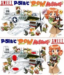 Rule 34 | 1girl, aircraft, airplane, before and after, blue eyes, cat, english text, flag, fujita yukihisa, history, japanese flag, logo, lucky (sweet), military, military uniform, mustang, nasa-chan, p-51, pilot, red hair, signature, smile, sweet aviation model div., translated, twintails, uniform, vehicle focus, white flag, world war ii