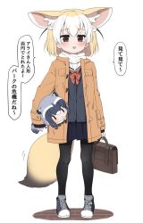 Rule 34 | 2girls, :3, alternate costume, animal ears, bag, beige jacket, black legwear, blonde hair, blue shirt, blue skirt, blush, bow, bowtie, brown eyes, casual, character doll, coat, commentary request, common raccoon (kemono friends), extra ears, fennec (kemono friends), fox ears, fox girl, fox tail, highres, kemono friends, long sleeves, multicolored hair, multiple girls, open mouth, pantyhose, pleated skirt, raccoon ears, raccoon girl, raccoon tail, ransusan, red neckwear, sailor collar, school bag, school uniform, shirt, shoes, short hair, skirt, sneakers, tail, translation request, white hair