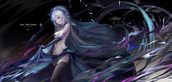Rule 34 | 1girl, bare shoulders, black gloves, black skirt, black thighhighs, blue eyes, breasts, character name, cleavage, closed mouth, commentary request, date a live, elbow gloves, expressionless, floating hair, gloves, groin, highres, long hair, long skirt, looking at viewer, medium breasts, navel, negative space, revealing clothes, side slit, silver hair, skirt, skirt hold, solo, standing, stomach, thighhighs, thighs, tobiichi origami, veil, very long hair, wangchuan de quanyan