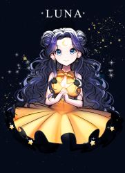Rule 34 | 1girl, bad id, bad twitter id, bishoujo senshi sailor moon, black background, black hair, blue eyes, blue hair, bow, bowtie, character name, circle skirt, crescent, crescent facial mark, double bun, dress, earrings, facial mark, forehead mark, hair bun, honnou (kjs9504), jewelry, long hair, looking at viewer, luna (sailor moon), luna (sailor moon) (human), matching hair/eyes, own hands clasped, own hands together, parted bangs, personification, petticoat, solo, star (symbol), very long hair, wavy hair, yellow bow, yellow dress