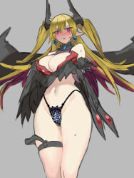 1girl alternate_costume bare_shoulders black_horns black_wings blonde_hair blue_panties blush breasts cameltoe cleavage cowboy_shot demon_girl demon_horns demon_wings duel_monster earrings grey_background heart heart_earrings highleg highleg_panties horns jewelry lacrima_the_crimson_tears large_breasts long_hair multicolored_clothes multicolored_hair multicolored_panties navel panties pointy_ears purple_eyes purple_hair simple_background sketch solo two-tone_hair two_side_up ukimukai underwear wings yu-gi-oh!