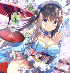 Rule 34 | 1girl, :o, black hair, blue eyes, blue kimono, blush, breasts, cherry blossoms, cleavage, commentary request, cup, detached sleeves, food, highres, holding, holding tray, ice cream, japanese clothes, kimono, kino (kino konomi), looking at viewer, maid, maid headdress, obi, oil-paper umbrella, open mouth, original, parfait, print legwear, sash, solo, tray, umbrella, wa maid, wagashi