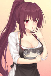 Rule 34 | &gt;:o, 1girl, :o, apron, black apron, blush, bowl, breasts, brown hair, cleavage, collarbone, fate/grand order, fate (series), food, food on face, food on hand, hair between eyes, hair intakes, highres, holding, holding bowl, large breasts, long hair, mashuu (neko no oyashiro), mixing bowl, open mouth, ponytail, red eyes, scathach (fate), solo, suggestive fluid, tasting, upper body, v-shaped eyebrows, very long hair, whisk