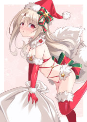 Rule 34 | 1girl, aoi masami, bikini, blush, breasts, christmas, commentary request, cosplay, elbow gloves, fate/grand order, fate/kaleid liner prisma illya, fate (series), fur-trimmed gloves, fur-trimmed headwear, fur-trimmed legwear, fur collar, fur trim, gloves, hair between eyes, hat, illyasviel von einzbern, long hair, looking at viewer, mash kyrielight, mash kyrielight (dangerous beast), mash kyrielight (dangerous beast) (cosplay), navel, official alternate costume, red bikini, red eyes, red gloves, red hat, red thighhighs, revealing clothes, sack, santa bikini, santa costume, santa hat, sidelocks, small breasts, solo, swimsuit, tail, thighhighs, thighs, white hair, wolf tail
