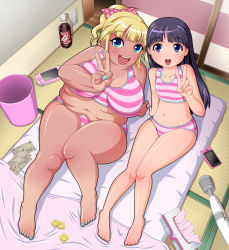 Rule 34 | 2girls, black hair, blonde hair, blue eyes, blush, brand name imitation, breasts, cameltoe, cellphone, condom, fat, flat chest, handheld game console, highres, hitachi magic wand, large breasts, money, multiple girls, nail polish, navel, obese, open mouth, panties, phone, playstation portable, prostitution, sarutoru, sex toy, sitting, small breasts, smartphone, smile, striped clothes, striped panties, tagme, thick thighs, thighs, tissue, tissue box, underwear, v, vibrator